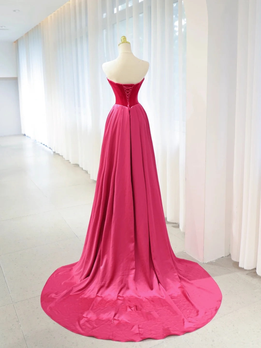 Beautiful Prom Dresses Mermaid Strapless Hot Pink Satin With Folded Long Formal Gown N2934