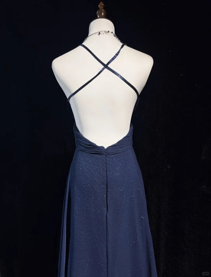 Vintage Prom Dresses 90s A line Spaghetti Strap Navy Blue Sequined Backless Long Evening Outfits N3141