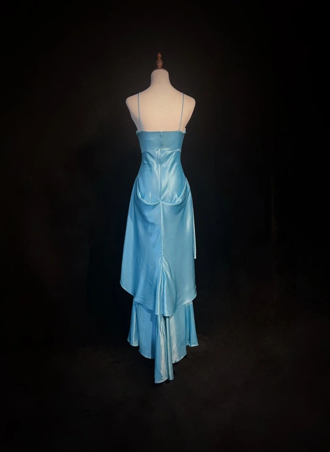 Modest Prom Dresses Mermaid Halter Blue Satin Sleeveless With Ruffled Formal Evening Dress N3828