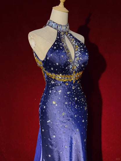 Vintage Prom Dresses 90s Mermaid High Neck Royal Blue Satin Backless Silver Beading Long Semi Formal Evening Dress N3673