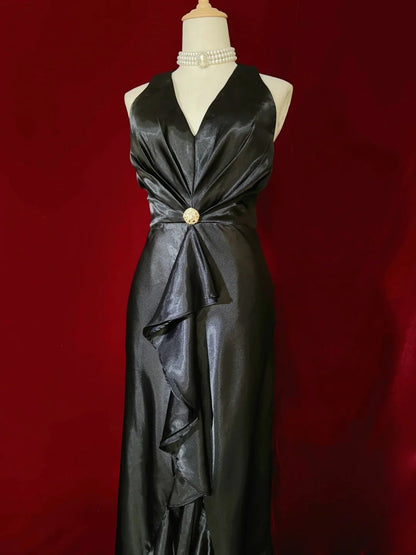 Beautiful Prom Dresses Mermaid V Neck Black Tie Dress Satin With Ruffled Bodice Long Evening Outfits N3368