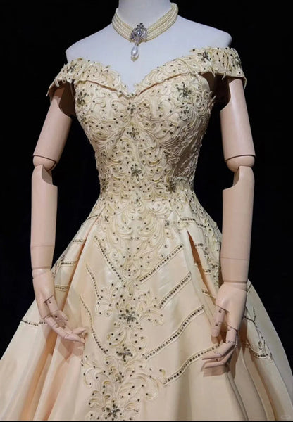 Vintage Prom Dresses 80s Ball Gown Off The Shoulder Champagne With Beading Evening Outfits N3468