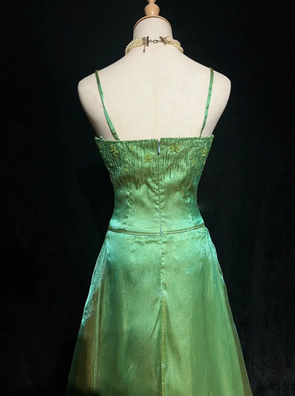 Elegant Prom Dresses Ball Gown Spaghetti Strap Green Organza With Beaded Long Formal Gown N2914