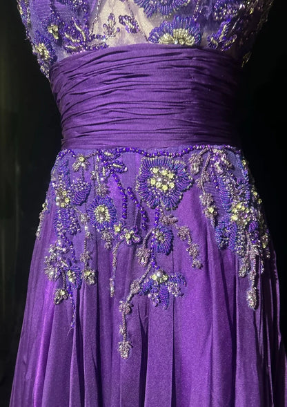 Vintage Prom Dresses A Line Bateau Purple Chiffon 80s With Beading Long Formal Evening Outfits N3899