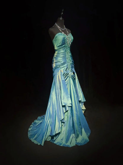 Elegant Prom Dresses Mermaid Sweetheart Green Taffeta With Beaded Sleeveless Long Formal Gown N2896
