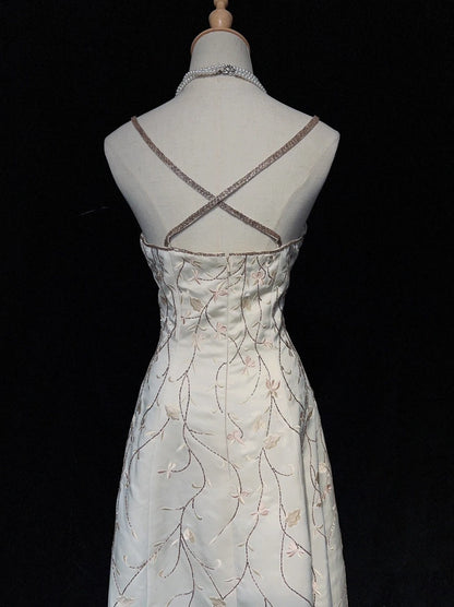 Beautiful Prom Dresses A line Spaghetti Strap White Satin With Beaded Long Formal Evening Outfits N3677