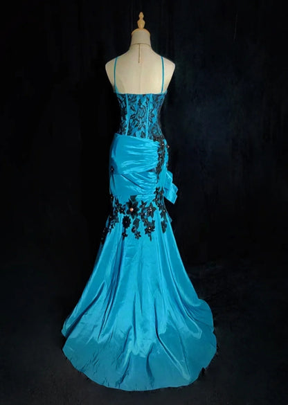 Vintage Prom Dresses Inspo Mermaid Halter Blue Black Lace 80s With Ruffled Appliqued Formal Gowns N3362