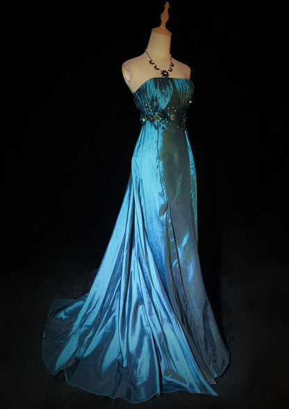 Vintage Prom Dresses Inspo A line Strapless Teal Blue Satin With Folded For Women Formal Dress N3258