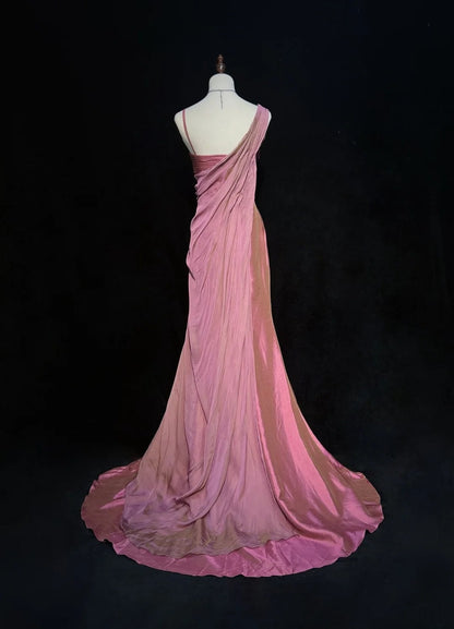 Vintage Prom Dresses 1960s Mermaid Asymmetrical Shoulder Straps Chiffon Pink With Ruffled Long Prom Gown N3095