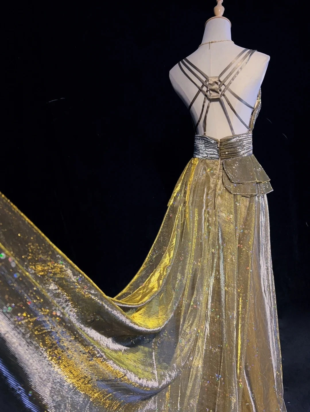 Vintage Prom Dresses Inspo A line V Neck Satin Gold Backless For Women Long Formal Dress N3260