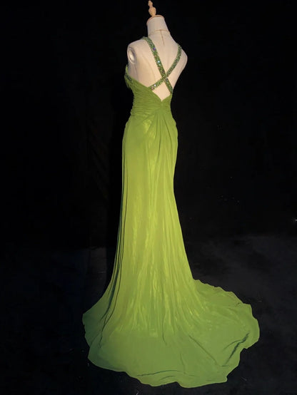 Modest Prom Dresses Mermaid Halter Olive Green With Beading Long Evening Outfits N3457