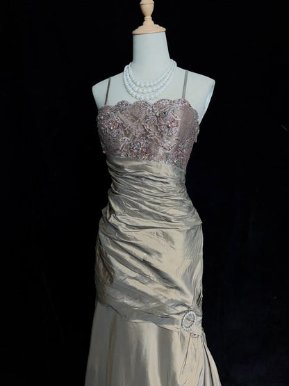 Vintage Prom Dresses Inspo Mermaid Spaghetti Strap Taffeta Long 1990s With Beaded Lace Formal Gowns N3384