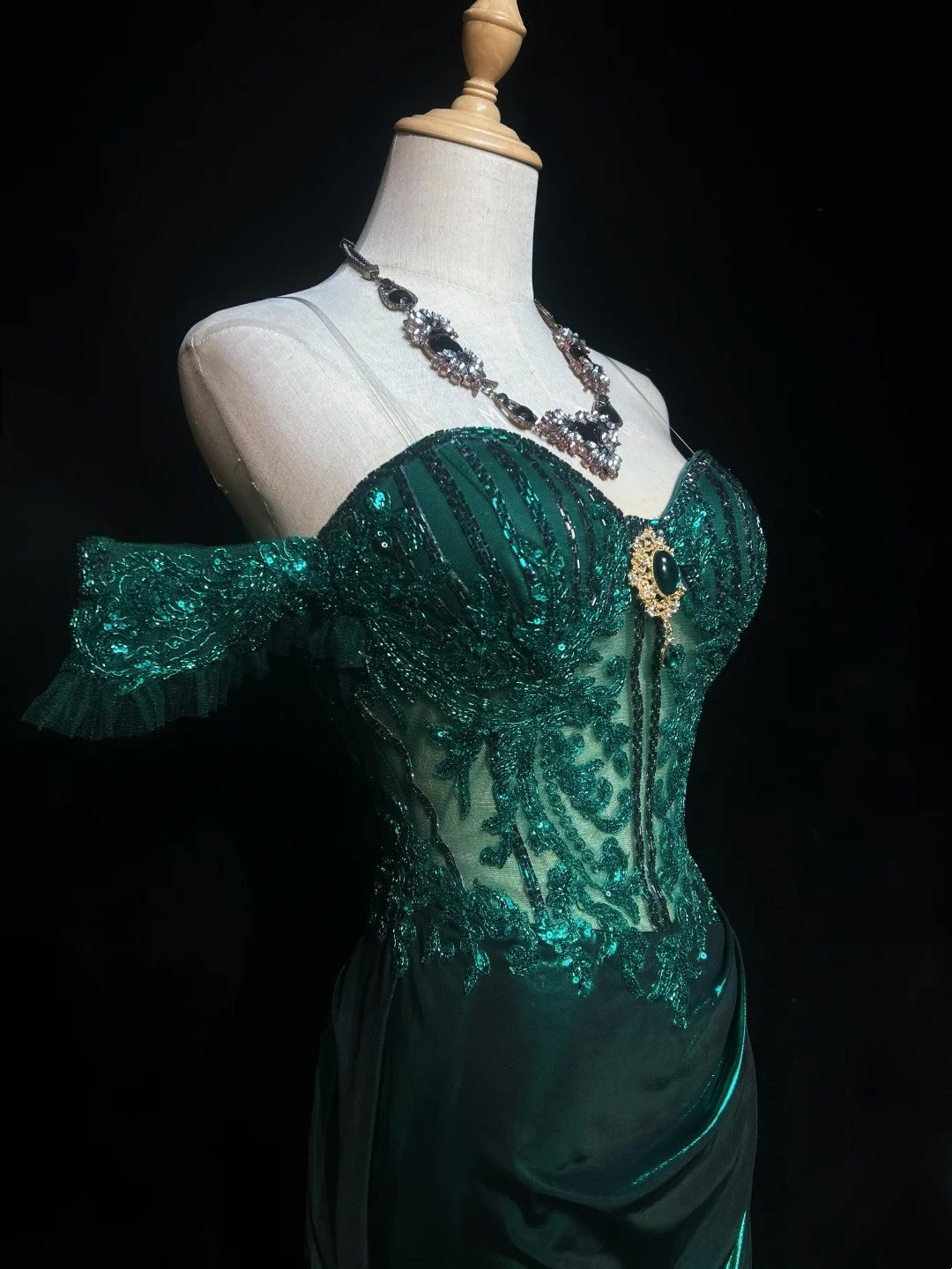 Modest Prom Dresses Inspo Mermaid Off The Shoulder Dark Emerald Green Slit Lace 80s Long Formal Gowns N3389