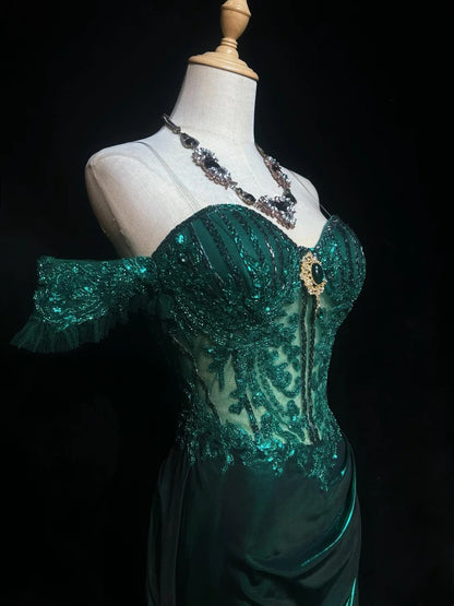 Modest Prom Dresses Inspo Mermaid Off The Shoulder Dark Emerald Green Slit Lace 80s Long Formal Gowns N3389