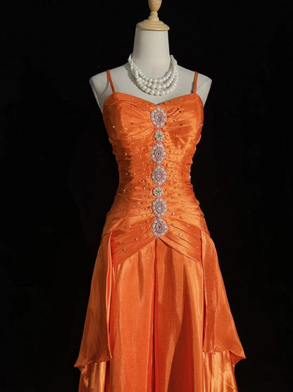 Vintage Prom Aesthetic Dresses A Line Spaghetti Strap Orange Satin With Beading Long Formal Dance Dress N3007