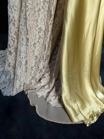 Modest Prom Dresses Mermaid Halter Gold Satin With Beading Lace Long Formal Evening Dress N3865