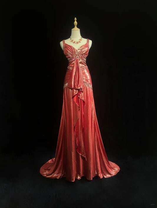 Classy A line Straps Coral With Beading Folds Sleeveless Long Formal Dress Gown With Cape Prom Dresses N2448