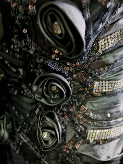 Modest Prom Dresses Mermaid Spaghetti Strap Grey Satin With 3D Flowers Formal Outfits N3653