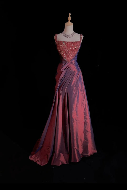 Vintage Prom Dresses 1980s Mermaid Square Neck Burgundy Taffeta Floor Lenngth With Pleated Beading Evening Outfits N3127