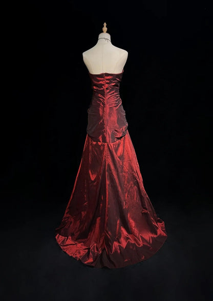 Vintage 90s Prom Dresses Mermaid Sweetheart Burgundy Taffeta With Ruffled Long Prom Gown N3031