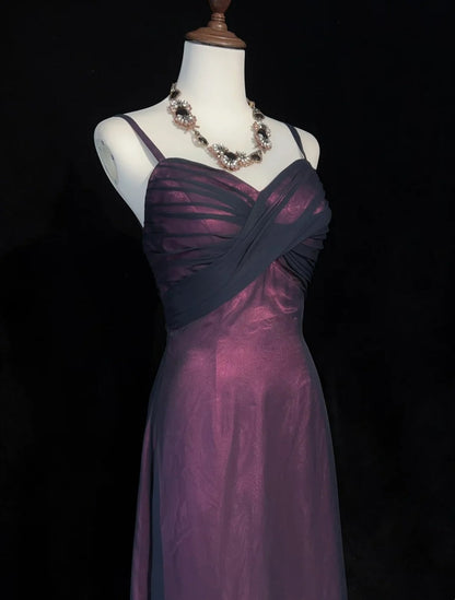 Vintage Prom Aesthetic Dresses A Line Spaghetti Strap Burgundy Black Chiffon Long Formal Dress N3016