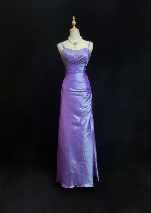 Simple Prom Dresses Sheath Spaghetti Strap Lilac Floor Length Taffeta Formal Evening Dress N3696