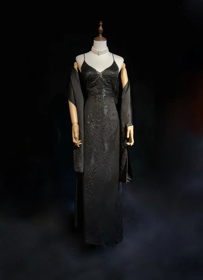 Beautiful Prom Dresses A line Spaghetti Strap Black With Beaded Cape Long Formal Evening Outfits N3672
