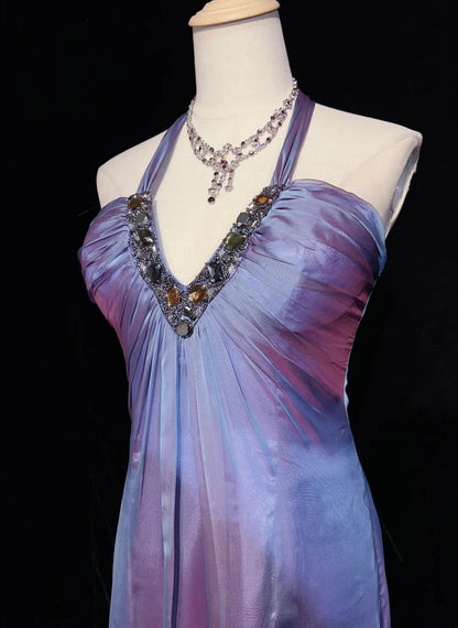 Elegant Prom Dresses A line Halter Gradient Colors Grape Chiffon With Beaded Sleeveless Long Formal Gown N2894