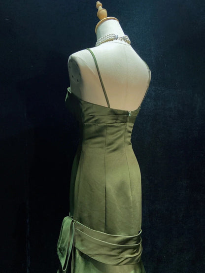 Vintage Classy Prom Dresses Mermaid Spaghetti Strap Olive Green Satin With Ruffled Evening Long Dress N3297