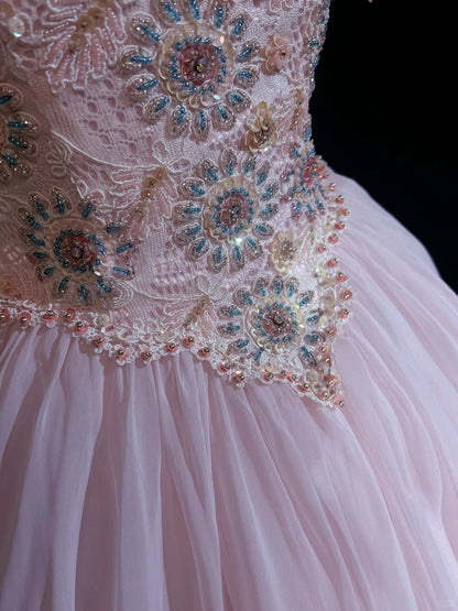Princess Prom Dresses Ball Gown Scoop Pink Tulle Half Sleeves Evening Long Quince Dress N3285