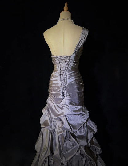Dreamy 90s Prom Dresses Mermaid One Shoulder Grey With Beading Formal Evening Outfits N3819
