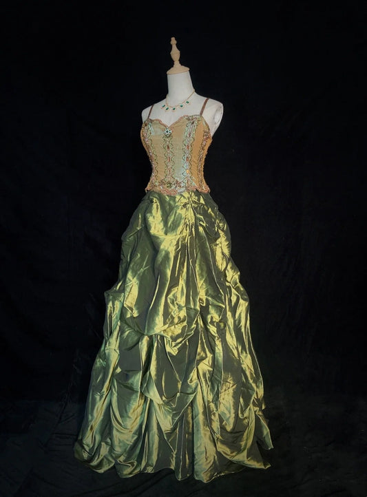 Modest Prom Dresses Ball Gown Spaghetti Strap Olive Green Satin Sleeveless Formal Outfits N3621