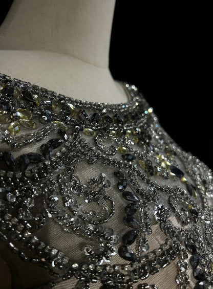 Vintage Prom Dresses 80s A Line Scoop Grey Sleeveless Chiffon With Beading Semi Formal Evening Outfits N3615