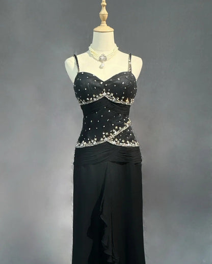 Modest Prom Dresses Mermaid Spaghetti Strap Black Tie Chiffon With Beading Formal Evening Dress N3857