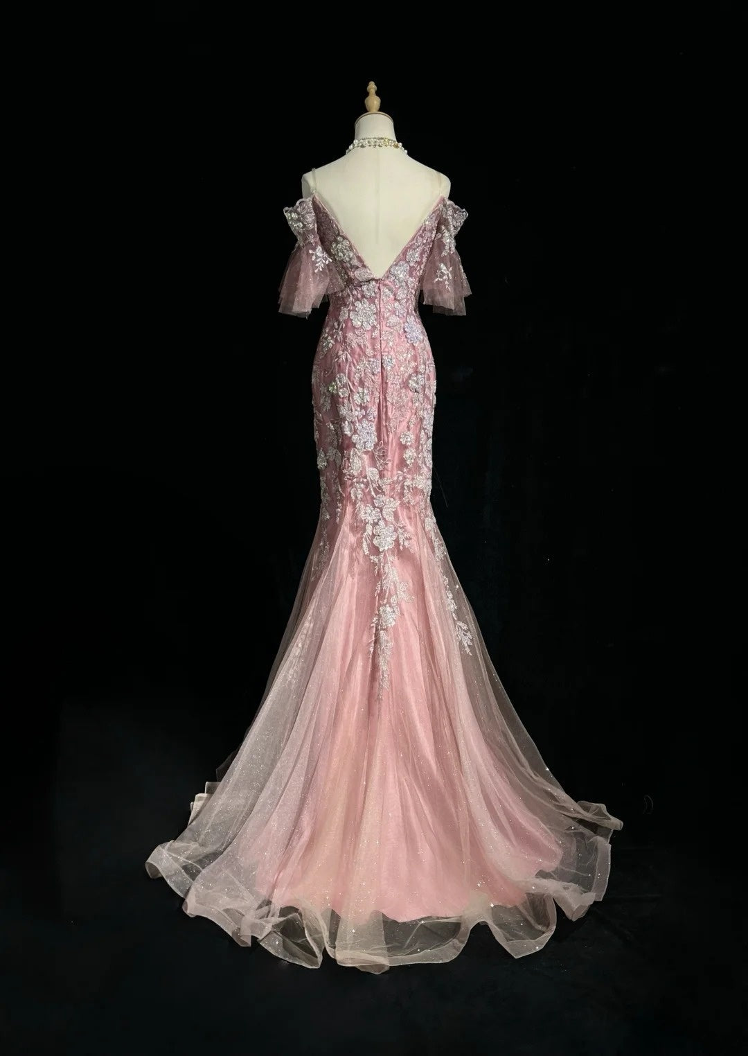 Modest Prom Dresses Mermaid Spaghetti Strap Pink Lace Short Sleeves Long Formal Evening Outfits N3627