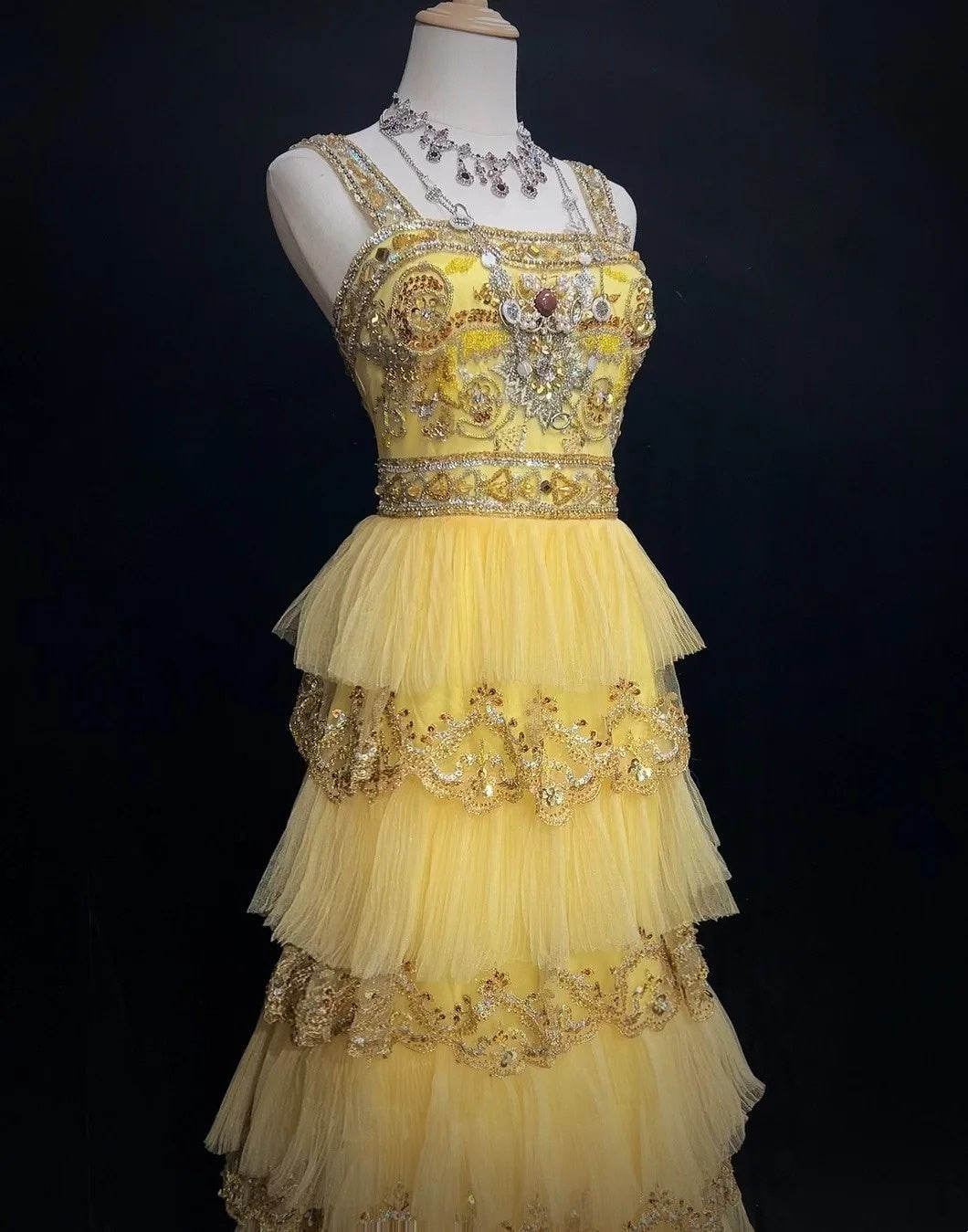 Vintage Prom Aesthetic Dresses A line Square Neck Yellow Tiered Layers With Beading Long Formal Dress N3060