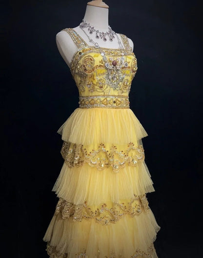 Vintage Prom Aesthetic Dresses A line Square Neck Yellow Tiered Layers With Beading Long Formal Dress N3060