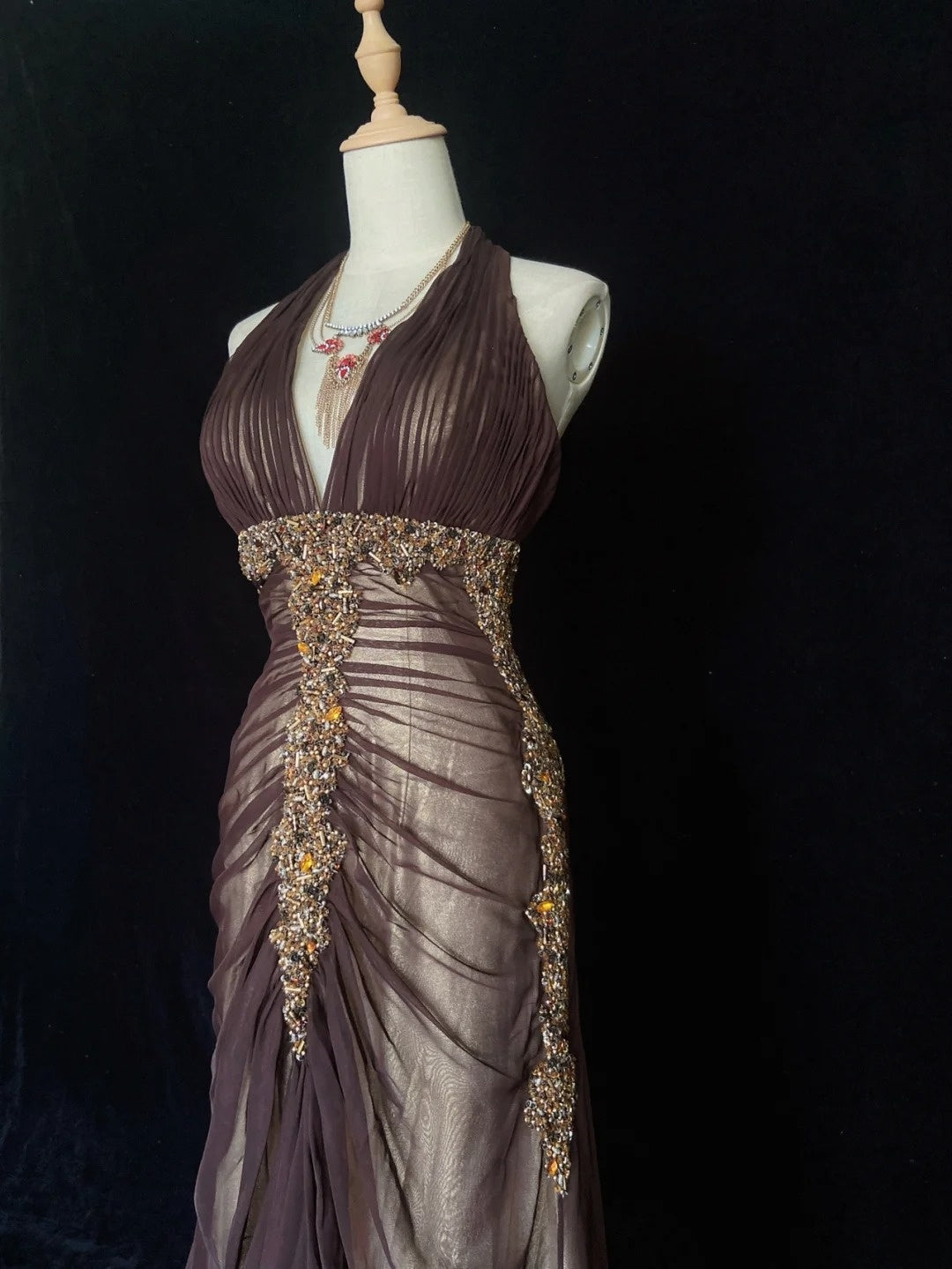 Vintage Prom Dresses Inspo Mermaid V Neck Brown Satin Long 1990s With Beading Formal Gowns N3352