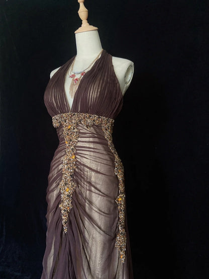 Vintage Prom Dresses Inspo Mermaid V Neck Brown Satin Long 1990s With Beading Formal Gowns N3352