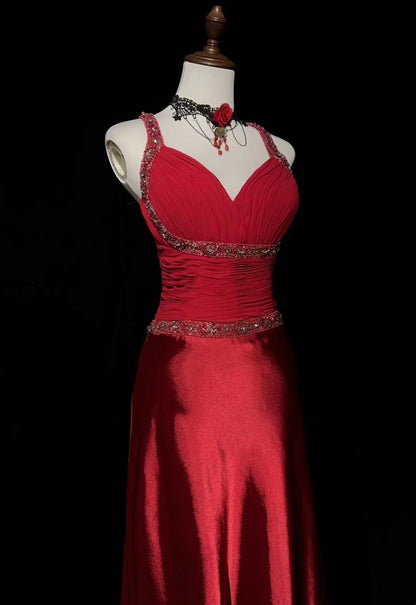 Classy Mermaid Sweetheart Straps Red With Beading Folds Sleeveless Long Formal Dress Gown Prom Dresses N2449
