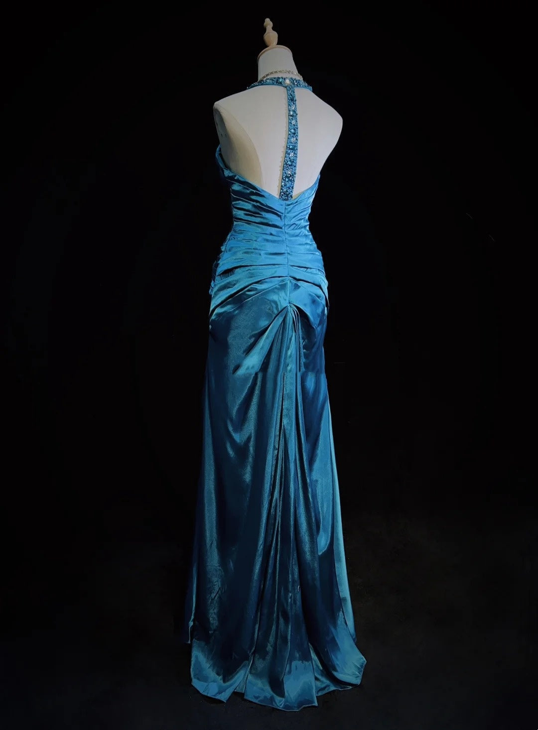 Vintage Prom Dresses Inspo Mermaid Halter Blue Satin Long 1990s With Pleated Formal Gowns N3356