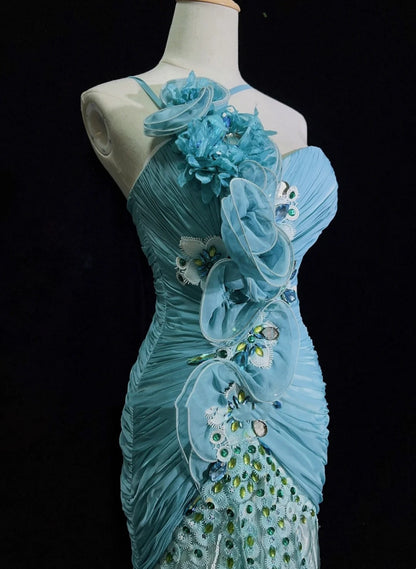 Modest Prom Dresses Mermaid One Shoulder Blue Tulle Lace Sleeveless With Ruffled Formal Evening Dress N3833