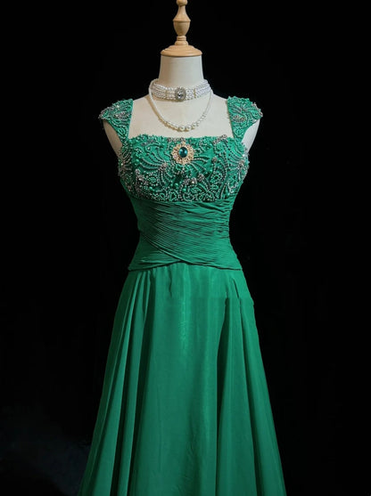 Vintage Prom Aesthetic Dresses A line Strapless Green Chiffon With Beading Long Formal Dress N3027