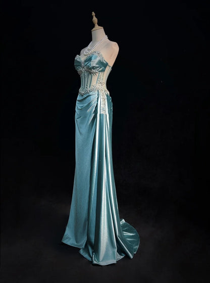 Elegant Prom Dresses Inspo Mermaid Spaghetti Strap Blue Satin With Ruffled Beading For Women Formal Dress N3228