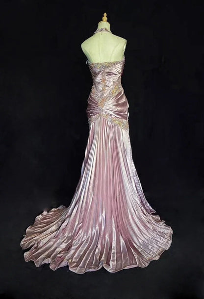 Vintage Prom Dresses 80s Mermaid Halter Pink Satin With Ruffled Long Evening Outfits N3452