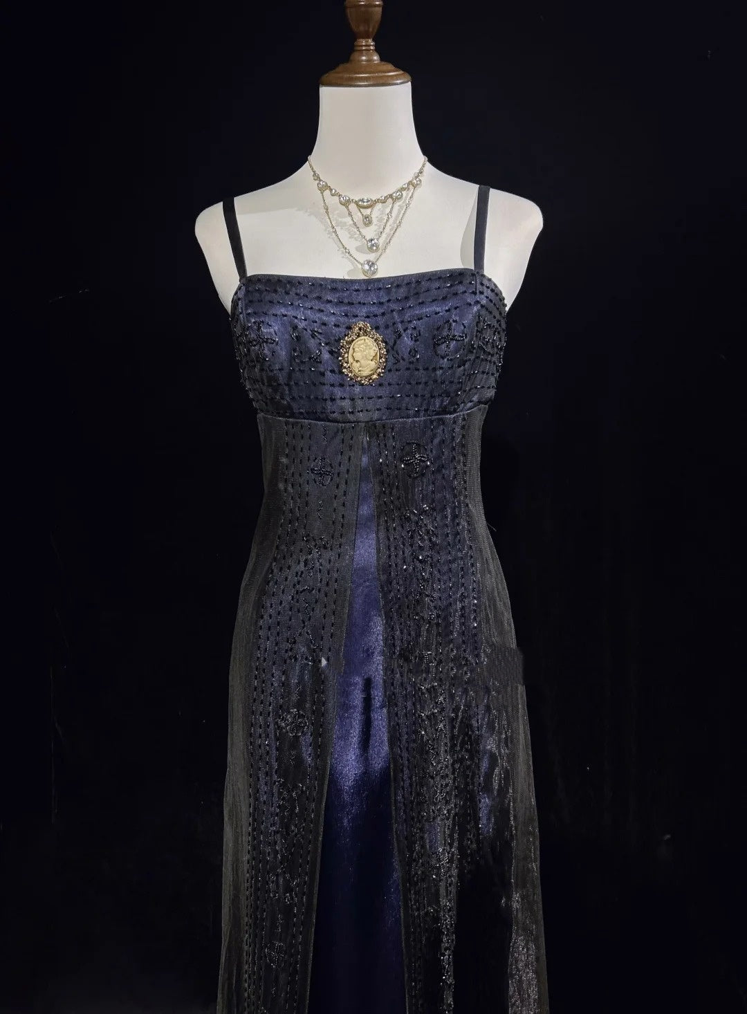 Vintage Prom Dresses A line Spaghetti Strap Navy Blue Tulle 80s With Beading Long Formal Evening Outfits N3871