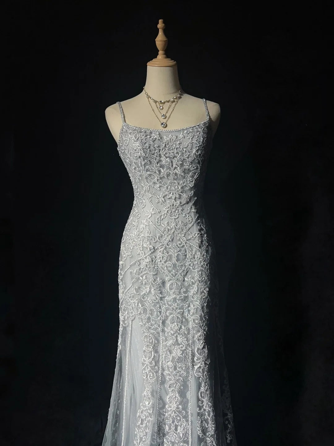 Dreamy 90s Prom Dresses Mermaid Spaghetti Strap Grey With Lace Formal Evening Outfits N3829