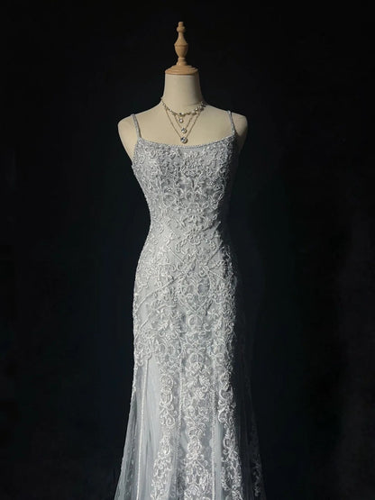Dreamy 90s Prom Dresses Mermaid Spaghetti Strap Grey With Lace Formal Evening Outfits N3829