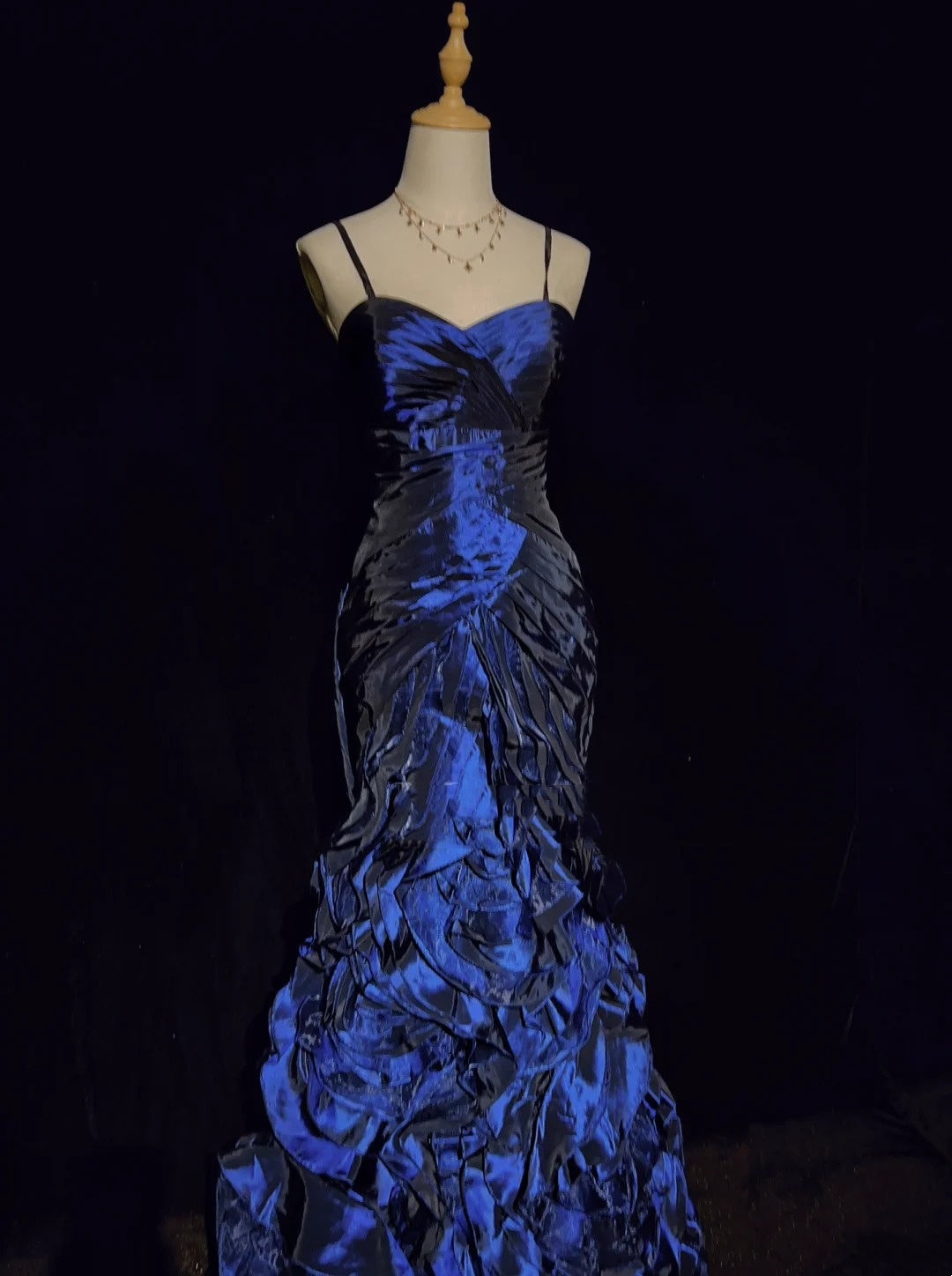Vintage Prom Dresses Inspo Mermaid Spaghetti Strap Navy Blue Tiered Layers 80s With Ruffled Formal Gowns N3361