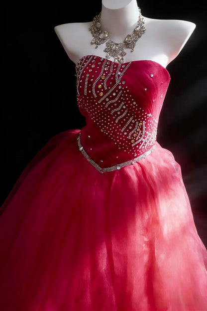 Modest Prom Dresses Ball Gown Strapless Hot Pink Tulle With Beads Long Formal Dress N2956